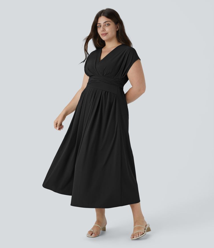 Breezeful™ V Neck Short Sleeve Side Pocket Tie Back Quick Dry Midi Casual Plus Size Dress