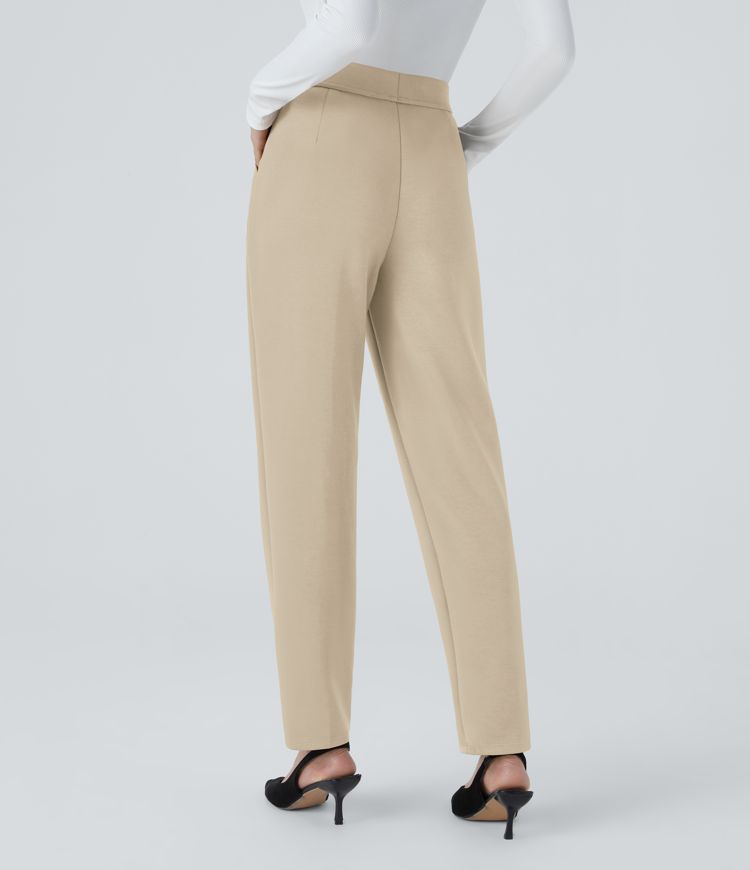 High Waisted Plicated Side Pocket Tapered Work Pants