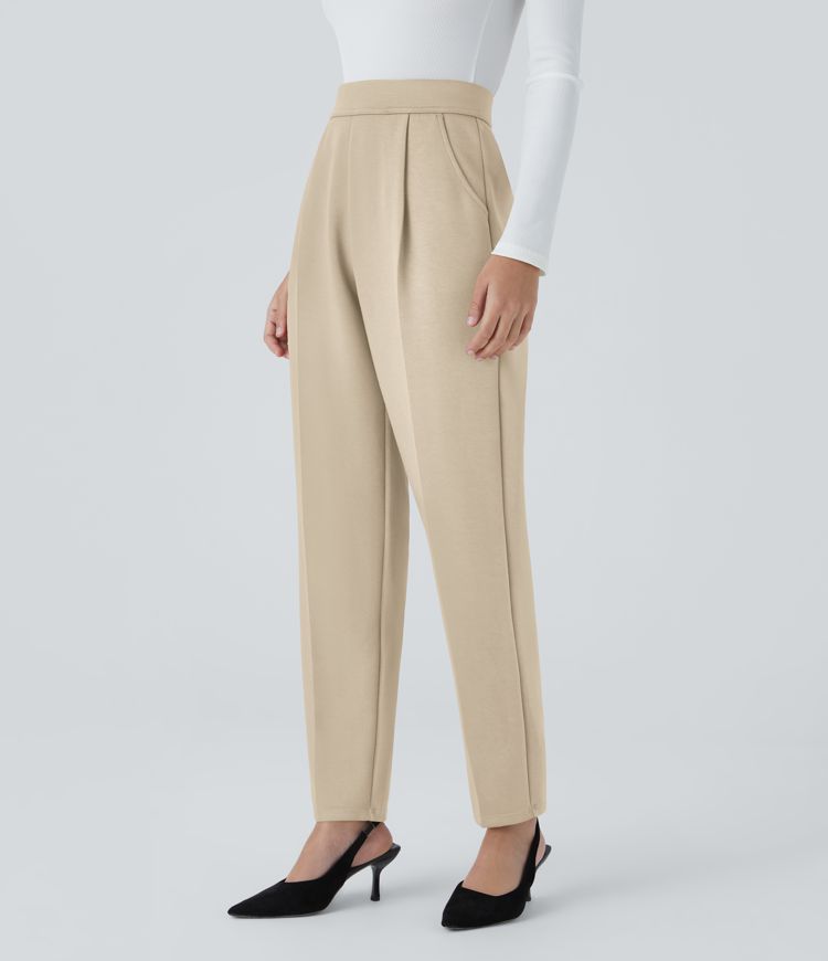 High Waisted Plicated Side Pocket Tapered Work Pants