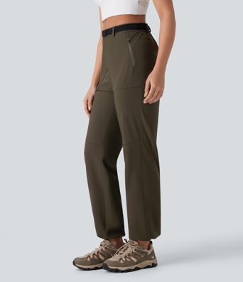 Pantalón senderismo tiro alto repelente agua cinturón bolsillo lateral cremallera pierna recta cordón ajustable