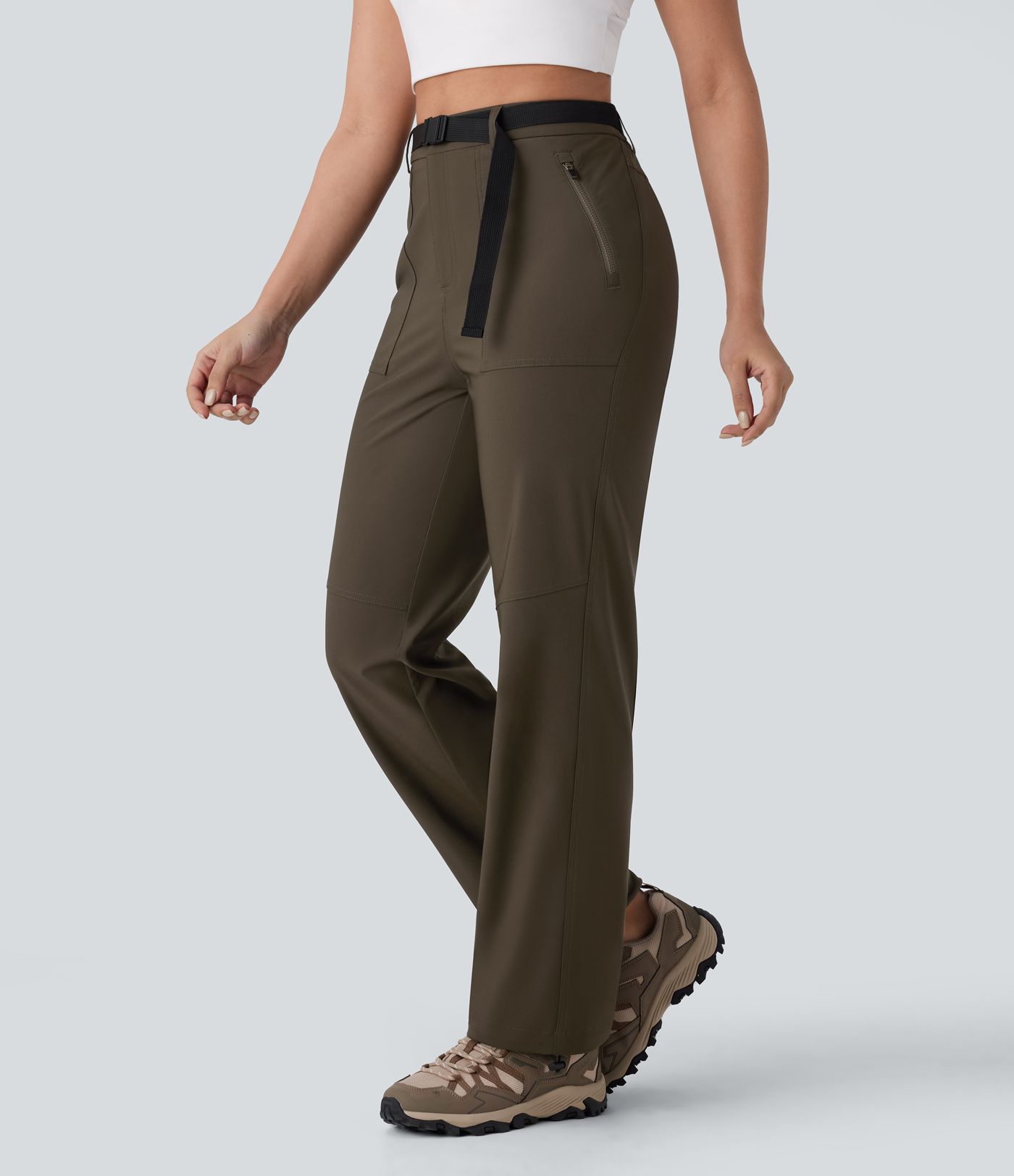 Pantalón senderismo tiro alto repelente agua cinturón bolsillo lateral cremallera pierna recta cordón ajustable