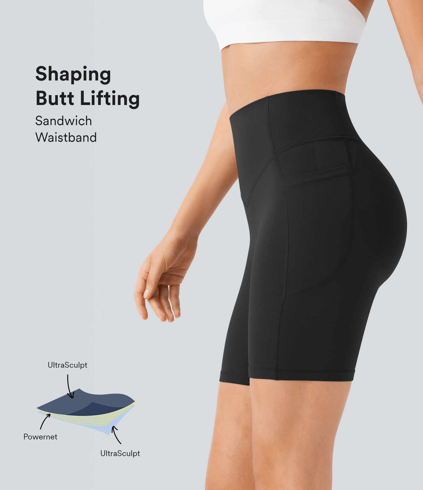 Pantalón corto SoCinched UltraSculpt ciclista tiro alto realce glúteo bolsillo lateral entrenamiento 17.5cm