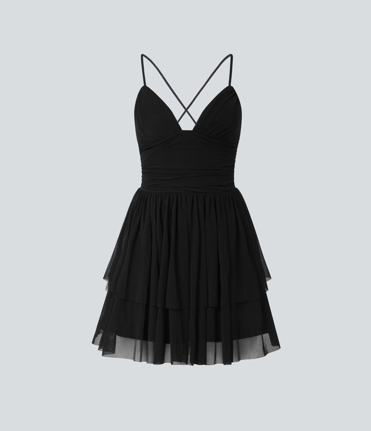 Mini-Partykleid aus Netzstoff mit Schnürung, rückenfreiem, mehrlagigem Tüllrock mit Kreuzmuster