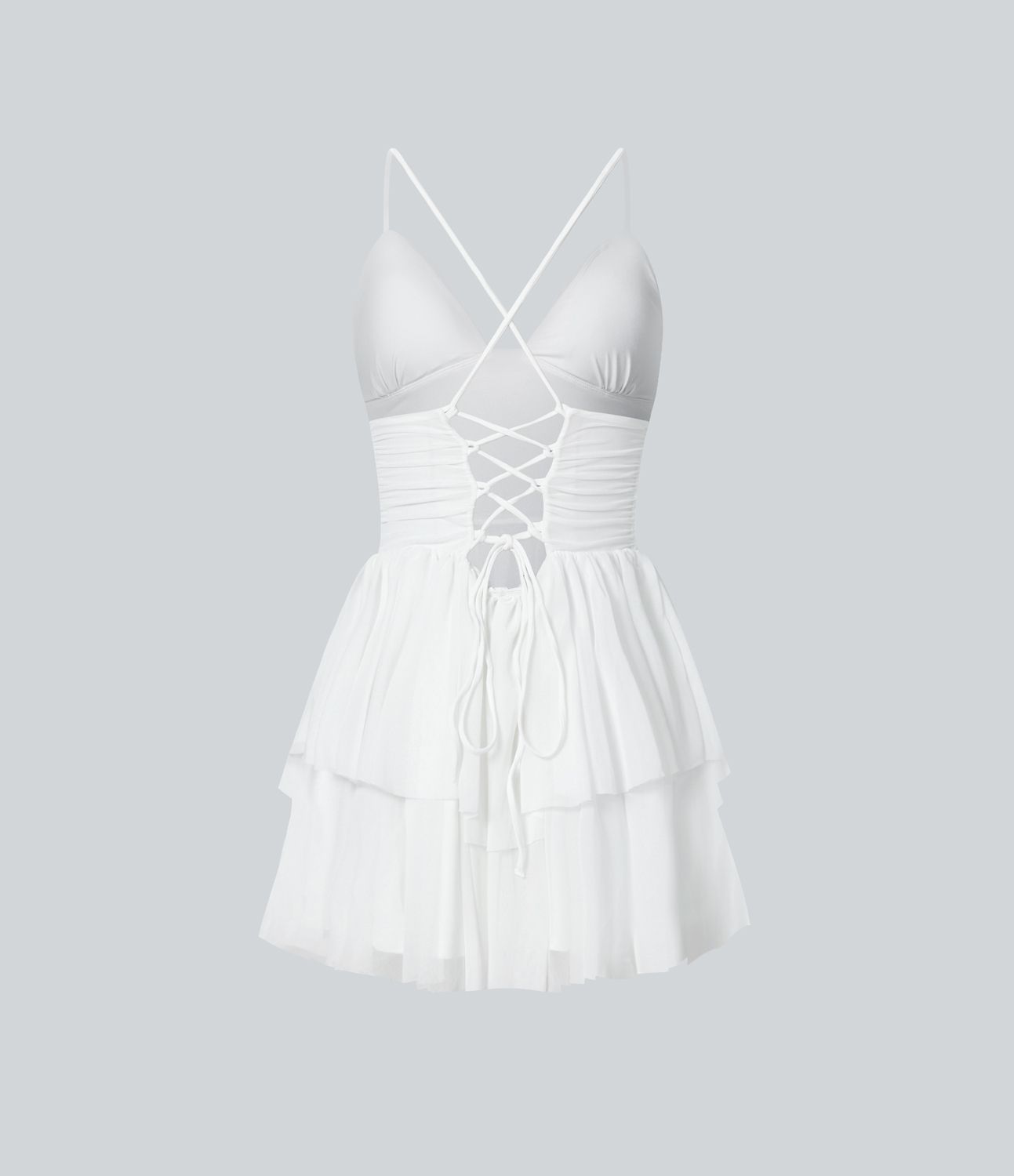 Lace Up Mesh Layered Mini Dress