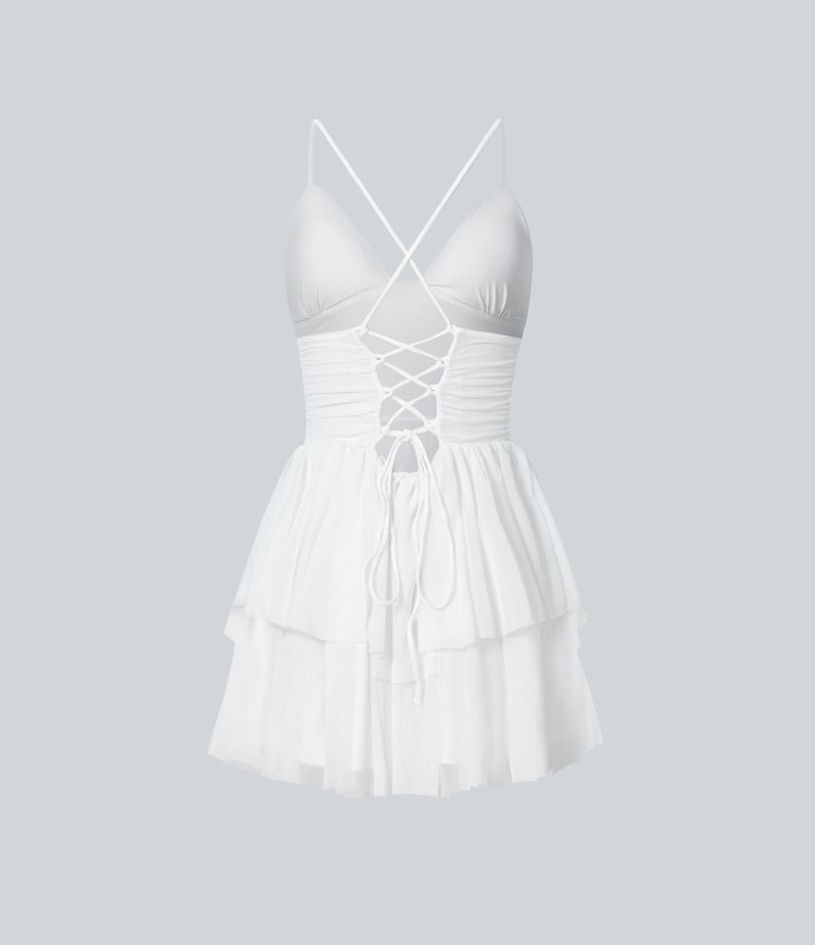 Lace Up Mesh Layered Mini Dress