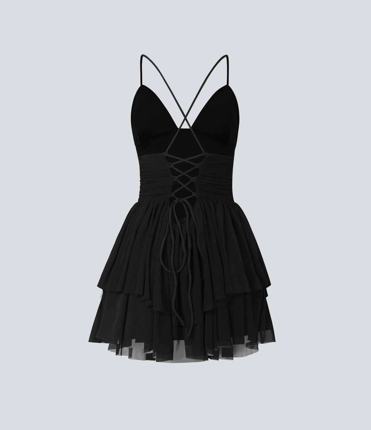 Mini-Partykleid aus Netzstoff mit Schnürung, rückenfreiem, mehrlagigem Tüllrock mit Kreuzmuster