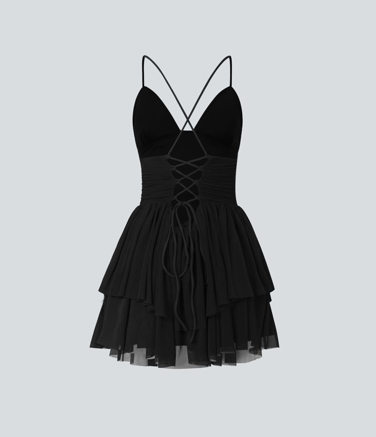 Mini-Partykleid aus Netzstoff mit Schnürung, rückenfreiem, mehrlagigem Tüllrock mit Kreuzmuster