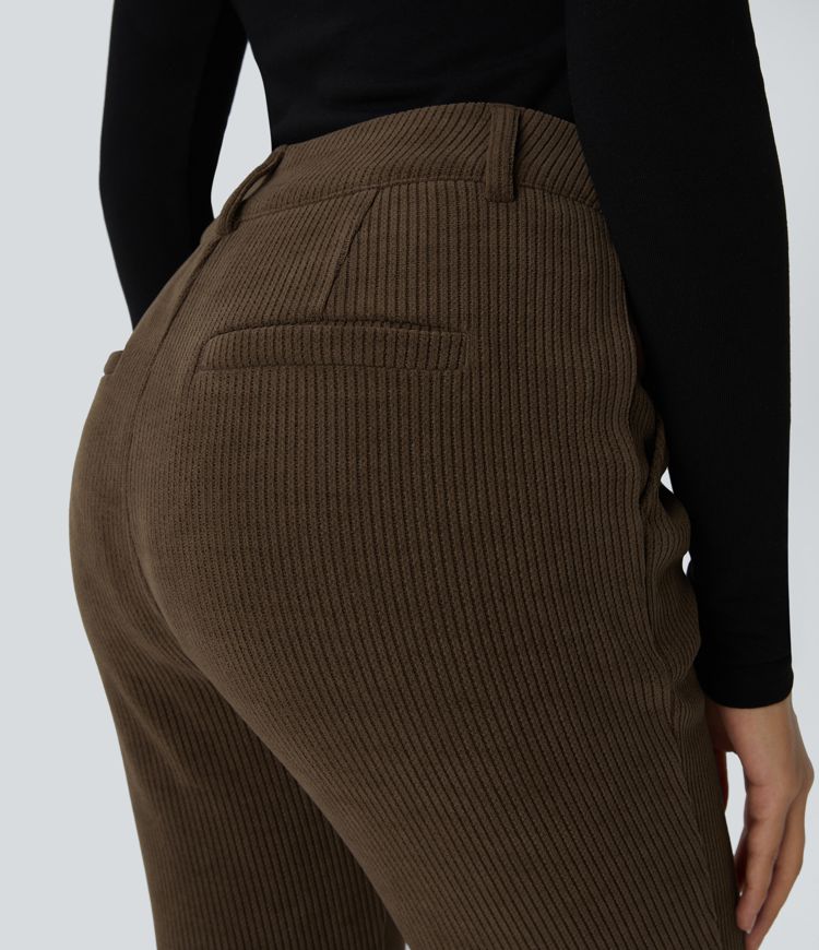 High Waisted Side Pocket Chenille Work Slight Flare Trousers