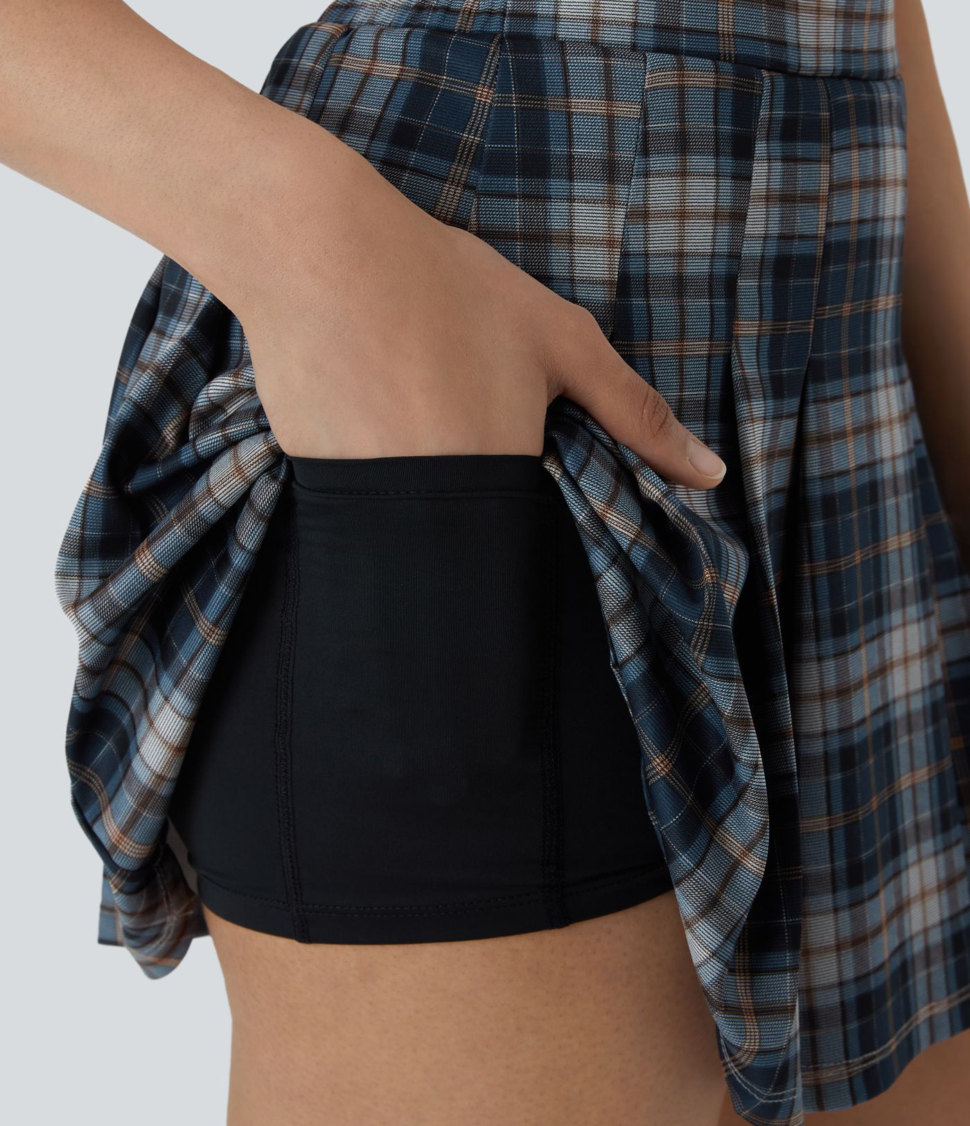 High waist 2-in-1 side pocket checkered pleated mini casual skirt