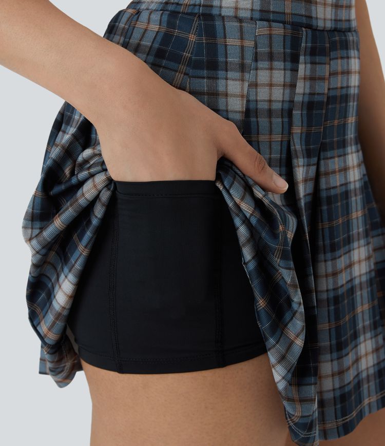 High Waisted 2-in-1 Pocket Plaid Pleated Mini Casual Skirt