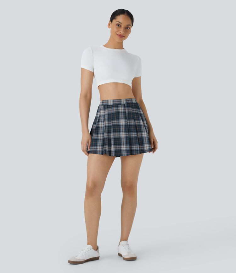 High Waisted 2-in-1 Pocket Plaid Pleated Mini Casual Skirt