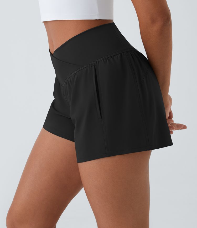 Breezeful™ High Waisted Crossover Side Pocket 2-in-1 Quick Dry Yoga Shorts 4"