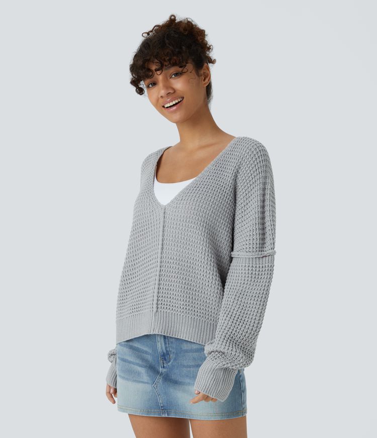 V Neck Long Sleeve Relaxed Casual Jumper