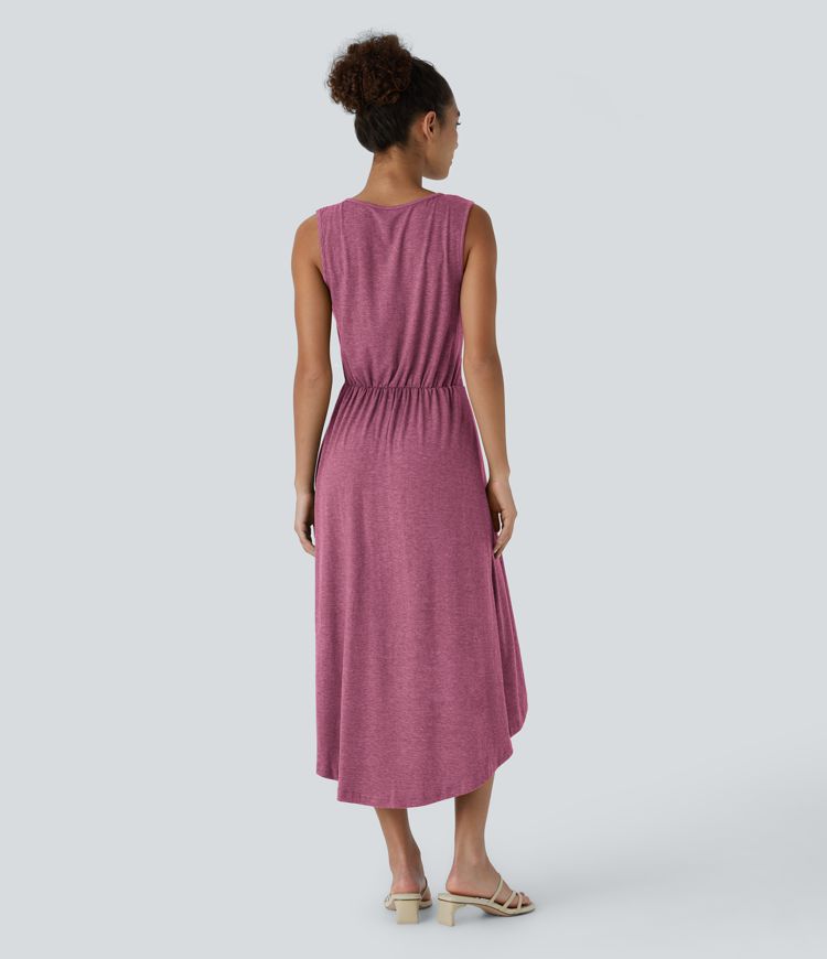 Deep V Neck Sleeveless High Low Crossover Hem Flowy Midi Casual Dress