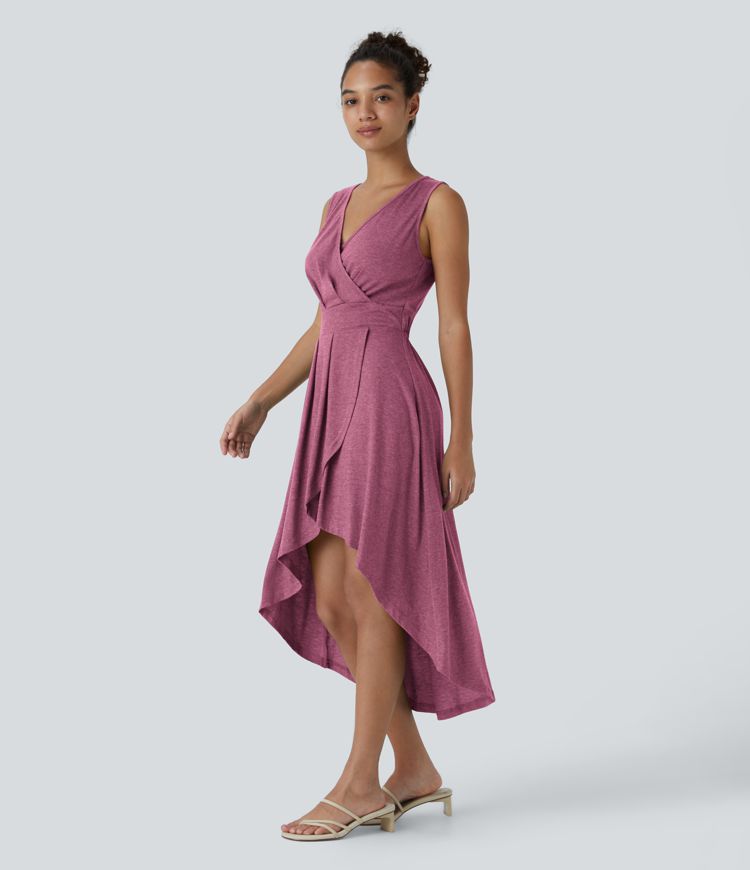 Deep V Neck Sleeveless High Low Crossover Hem Flowy Midi Casual Dress