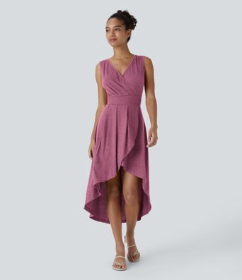 Deep V Neck Sleeveless High Low Crossover Hem Flowy Midi Casual Dress