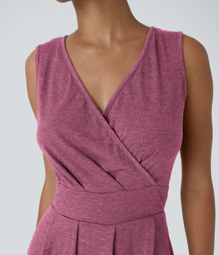 Deep V Neck Sleeveless High Low Crossover Hem Flowy Midi Casual Dress