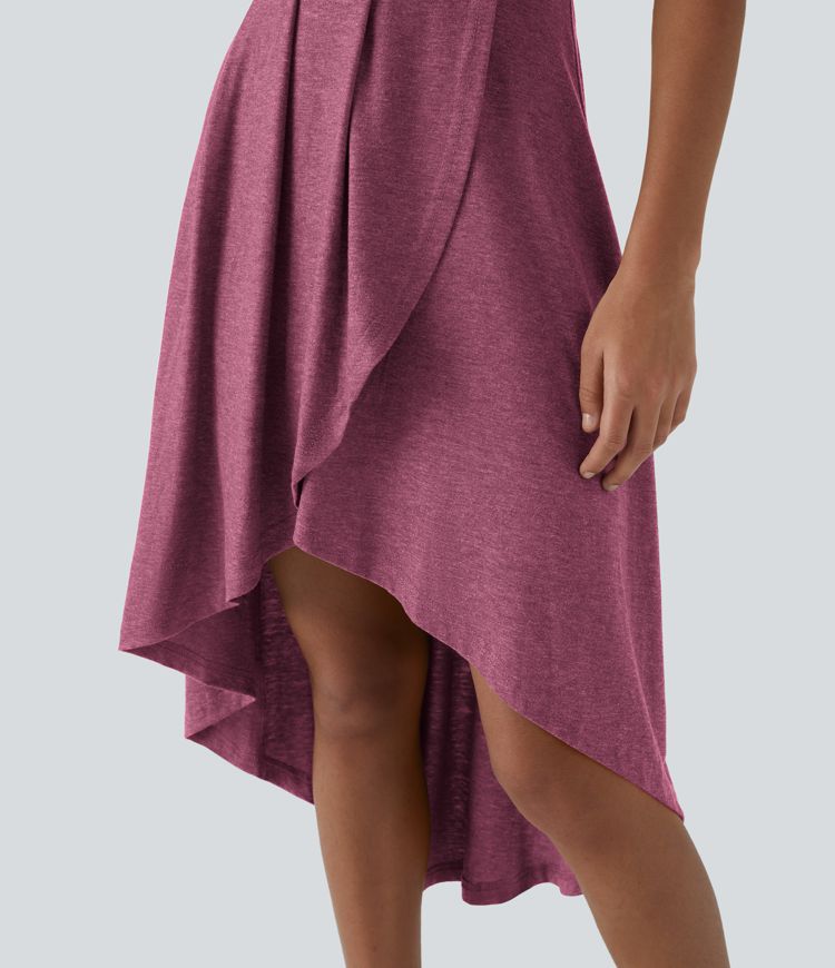 Deep V Neck Sleeveless High Low Crossover Hem Flowy Midi Casual Dress