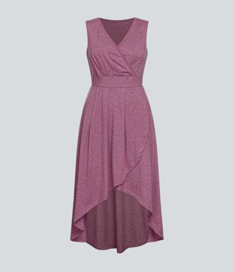 Deep V Neck Sleeveless High Low Crossover Hem Flowy Midi Casual Dress