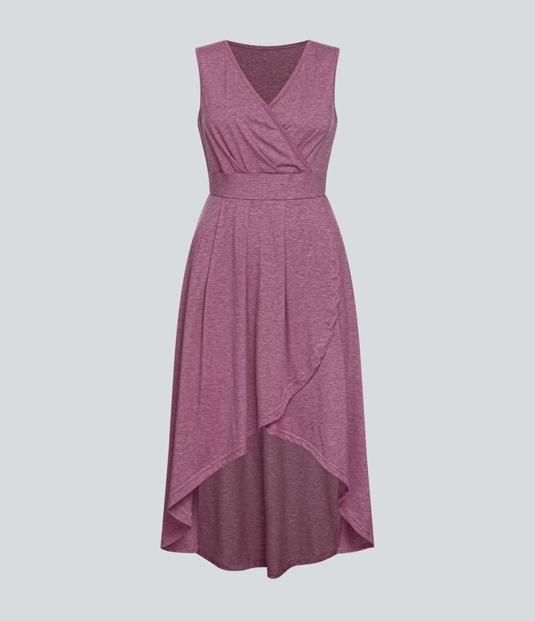 Deep V Neck Sleeveless High Low Crossover Hem Flowy Midi Casual Dress