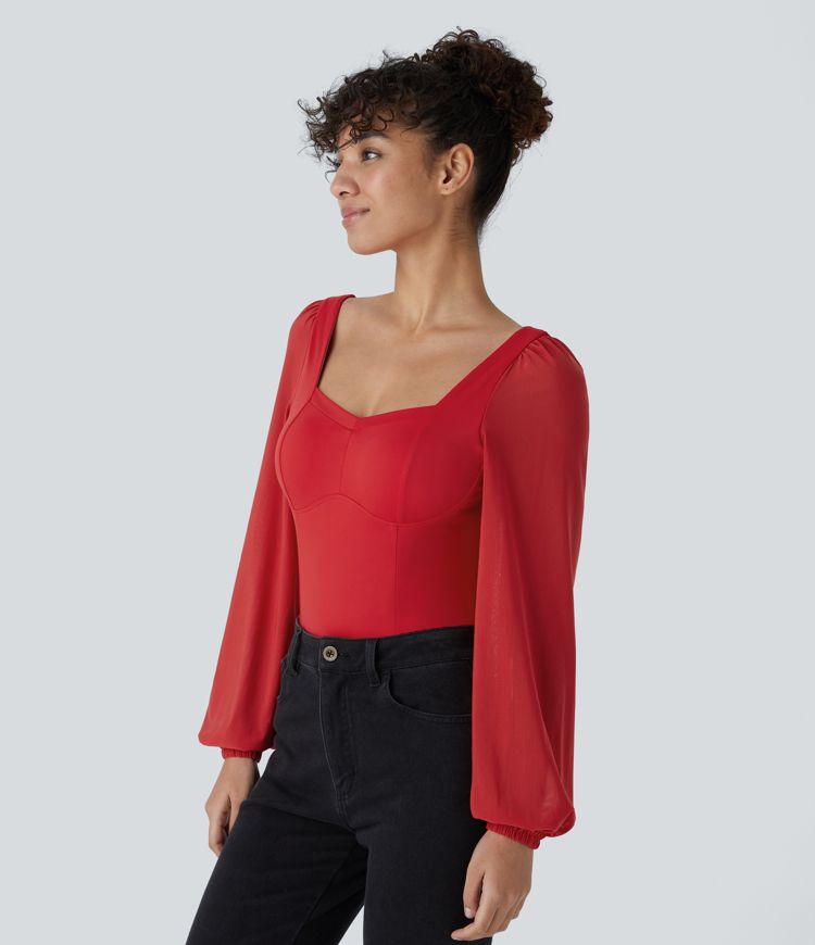 SoftlyZero™ Airy Sweetheart Neck Contrast Mesh Bishop Sleeve Cool Touch Casual Bodysuit-UPF50+