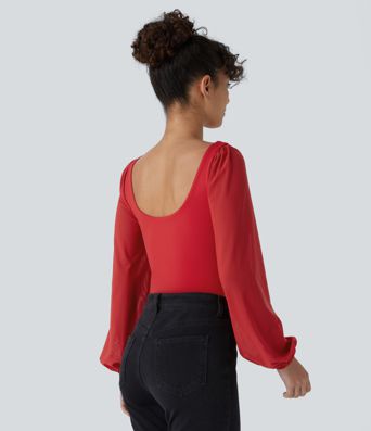 SoftlyZero™ Airy Sweetheart Neck Contrast Mesh Bishop Sleeve Cool Touch Casual Bodysuit-UPF50+