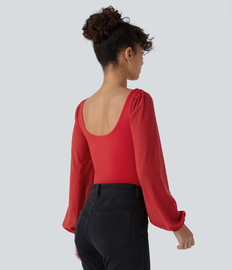SoftlyZero™ Airy Sweetheart Neck Contrast Mesh Bishop Sleeve Cool Touch Casual Bodysuit-UPF50+