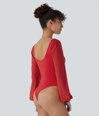 SoftlyZero™ Airy Sweetheart Neck Contrast Mesh Bishop Sleeve Cool Touch Casual Bodysuit-UPF50+