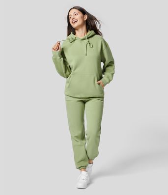 Hooded Drawstring Dropped Shoulder Kangaroo Pocket Fleece Hoodie Sweatshirt