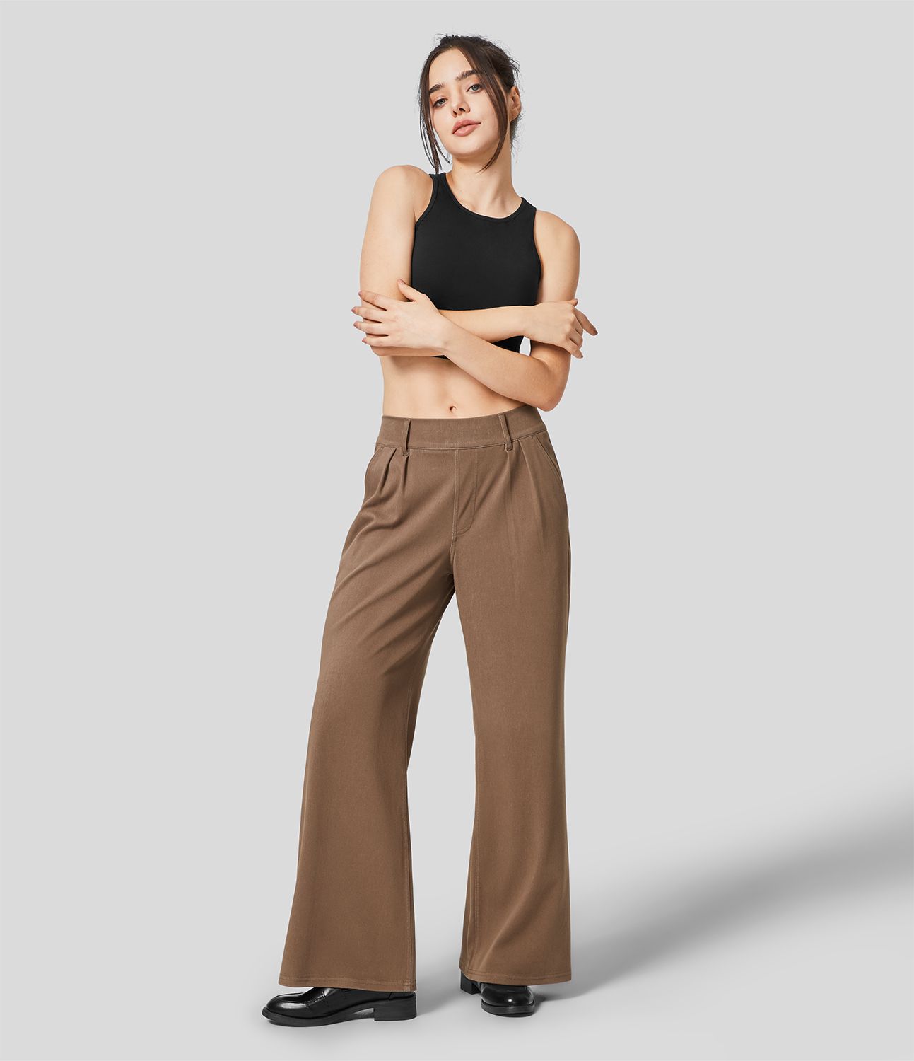 Halara Flex™ Lässige Jeans aus elastischem Strick-Denim mit mittelhohem Bund, weitem Bein und Seitentaschen