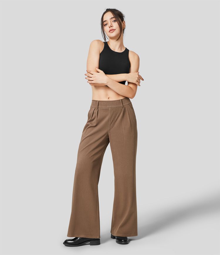 Halara Flex™ Lässige Jeans aus elastischem Strick-Denim mit mittelhohem Bund, weitem Bein und Seitentaschen