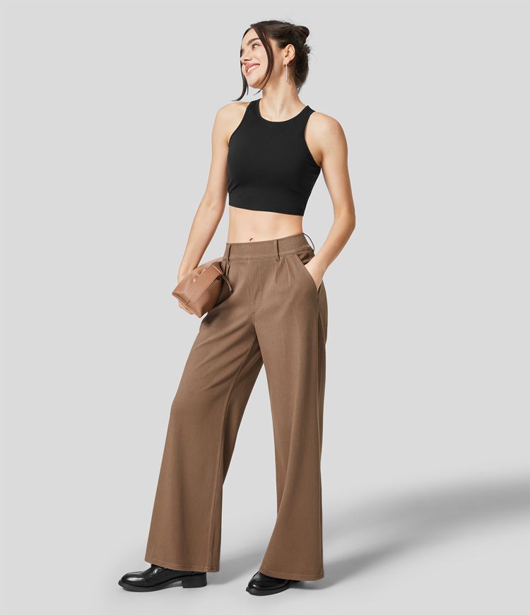 Halara Flex™ Lässige Jeans aus elastischem Strick-Denim mit mittelhohem Bund, weitem Bein und Seitentaschen