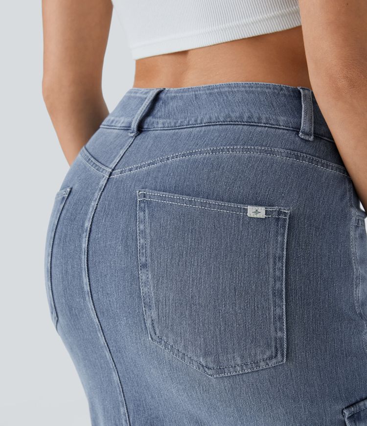Halara Flex™ High-Waist Multiple Pocket Bodycon Split Washed Stretch Knit Denim Midi Casual Cargo Skirt