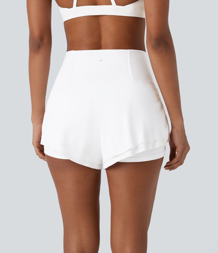 Softlyzero™ Airy High Waisted Ruched Multiple Pockets Curved Hem 2-in-1 Cool Touch Yoga Shorts
