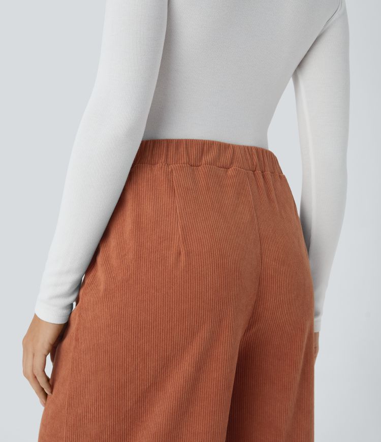 High Waist Front Side Pocket Wide Leg Corduroy Casual Pants