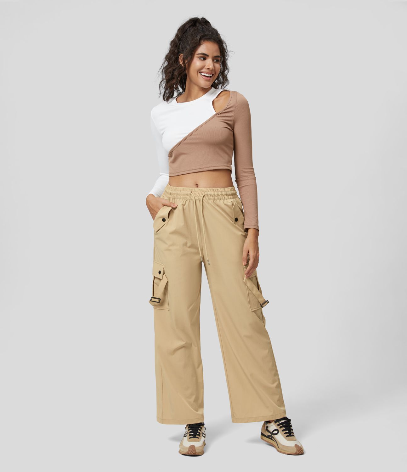 Pantalon cargo décontracté à cordon, taille mi-haute, avec poches