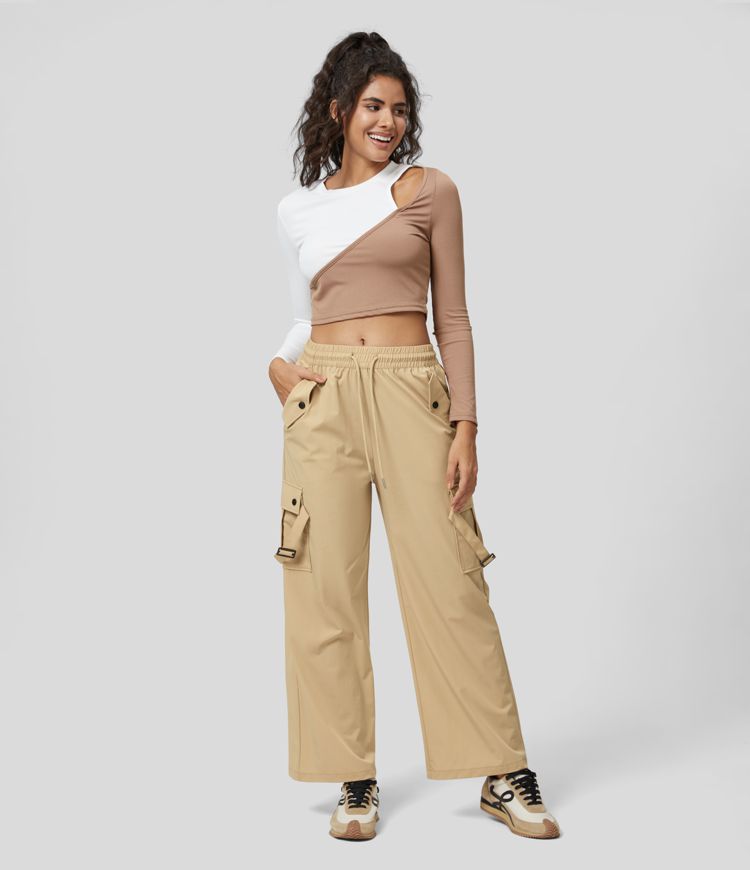 Pantalon cargo décontracté à cordon, taille mi-haute, avec poches