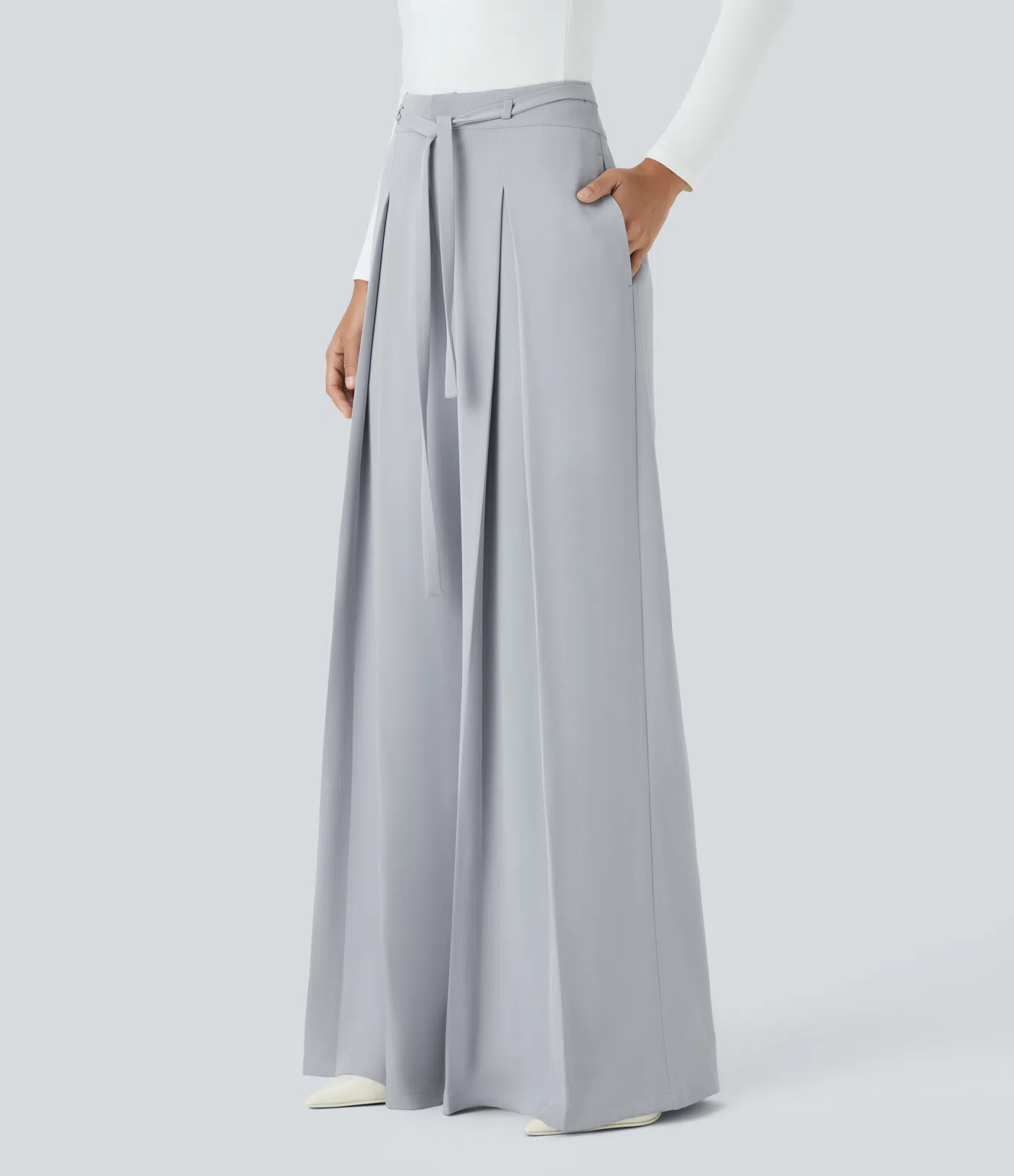 Stoffhose mit weitem Bein, hoher Taille und Bindeband vorne