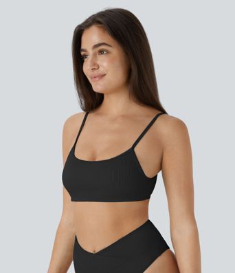 Ribbed Adjustable Strap Backless Bikini Top Swimsuit