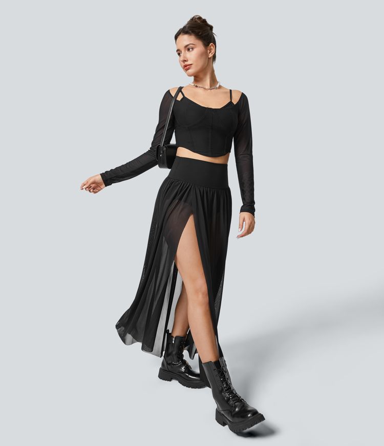 High Waisted Split 2-in-1 Mesh Flowy Maxi Casual Skirt