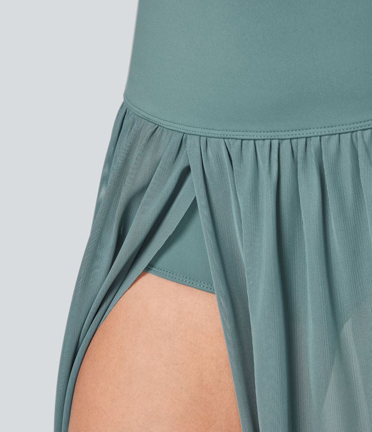 Jupe Casual Taille Haute Maxi Fluide Mesh Fente Plissée 2 en 1