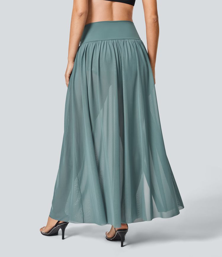 Jupe Casual Taille Haute Maxi Fluide Mesh Fente Plissée 2 en 1