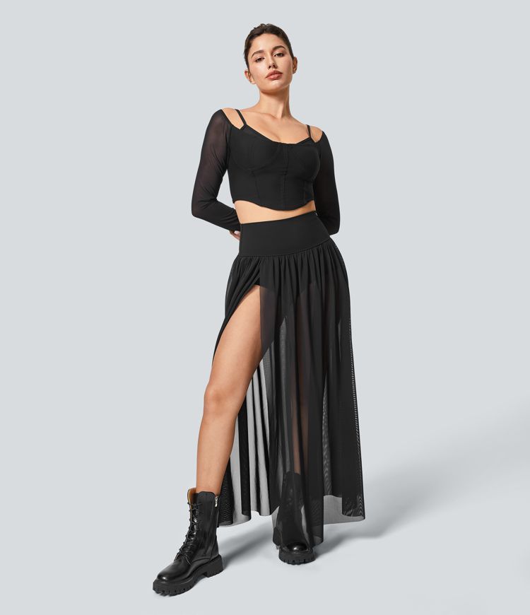 High Waisted Split 2-in-1 Mesh Flowy Maxi Casual Skirt