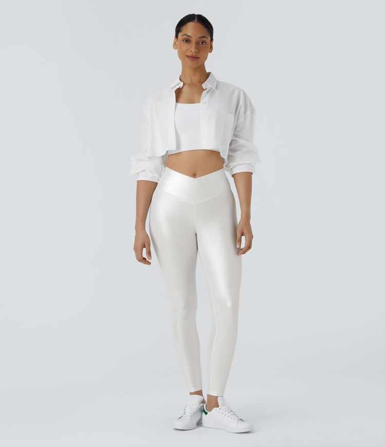 Softlyzero™ Legging Casual en Tissu Enduit avec Poches Arrière Croisées Impression Métallisée Extensibles