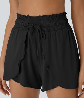 Pantalón corto apilado fluido cordón tiro alto elástico volante 7.5cm