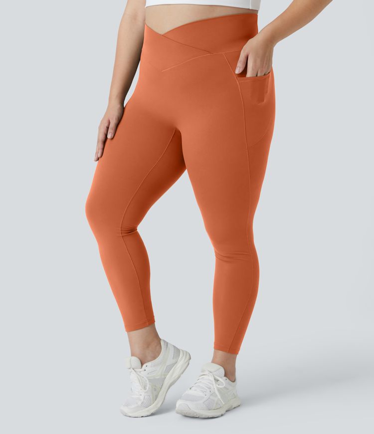 Softlyzero™ High Waisted Crossover Side Pocket Plain Plus Size Full Length Leggings-UPF50+