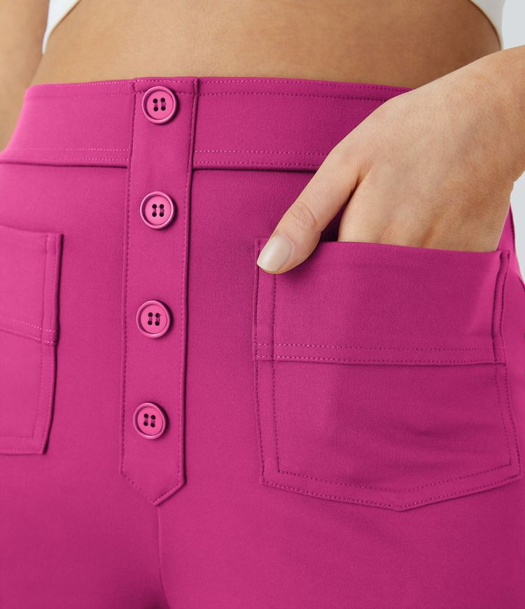 High Waisted Pockets Straight Leg Casual Trousers