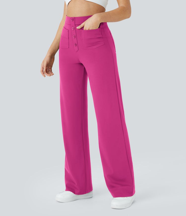 High Waisted Pockets Straight Leg Casual Trousers