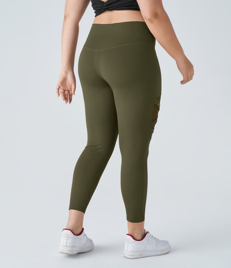 DayStretch High Waisted Crossover Contrast Mesh Decorative Buckle Yoga Plus Size Leggings