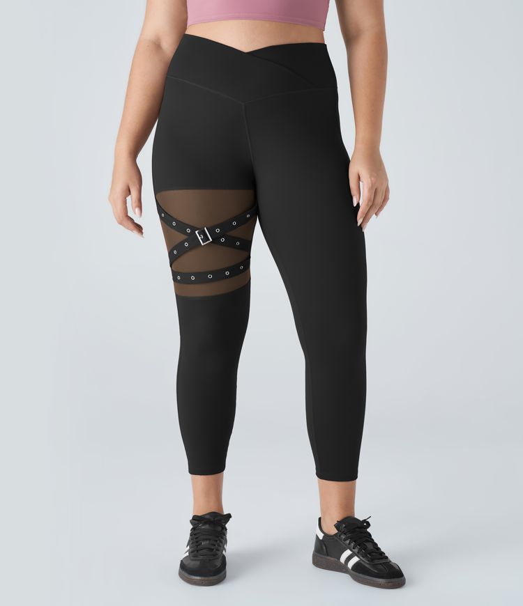 DayStretch High Waisted Crossover Contrast Mesh Decorative Buckle Yoga Plus Size Leggings